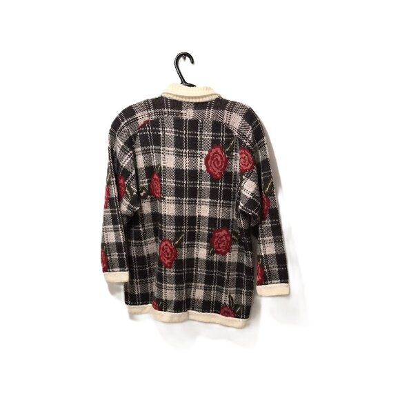 Vintage Italian Mohair Angora Cardigan Niki Line Roses & Plaid Grannycore Ugly - Picture 2 of 4